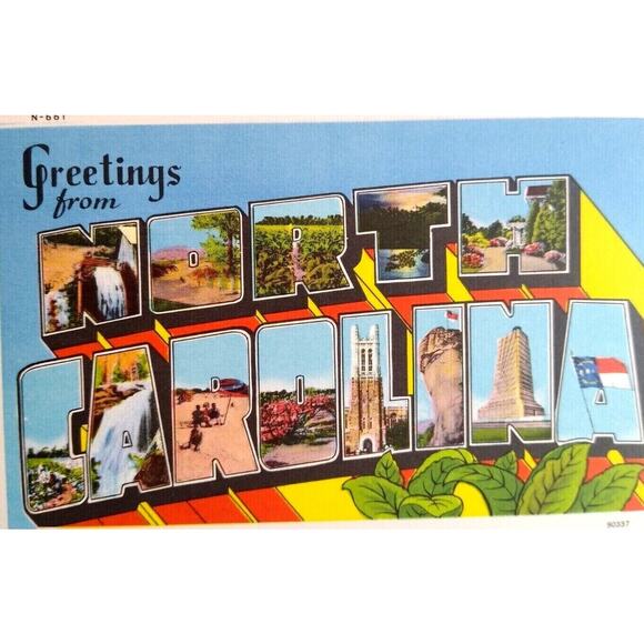 Greetings From North Carolina Flags Falls Large Big Letter Postcard Linen Unused - Picture 1 of 3